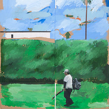  diptych - first pairing shows a worker with a leaf blower in front of a tall green hedge. The second shows two figures walking in front of a white building